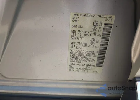 2015 Nissan Murano Sl z USA, uszkodzony, nr VIN 5N1AZ2MH1FN238646